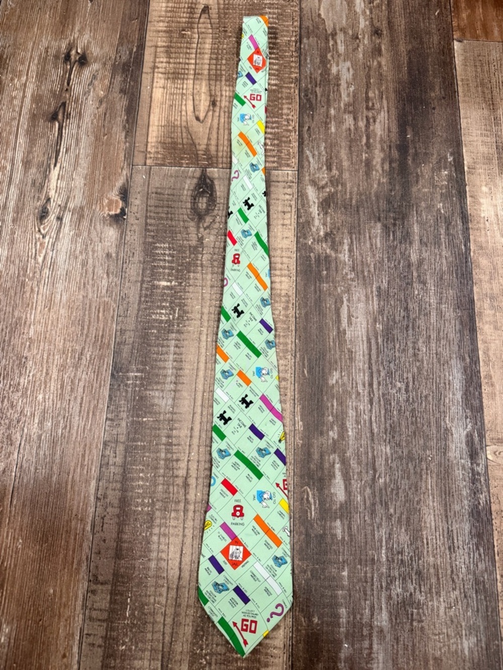 ACME Light Green Monopoly Board Print Tie with Multicolor Accents